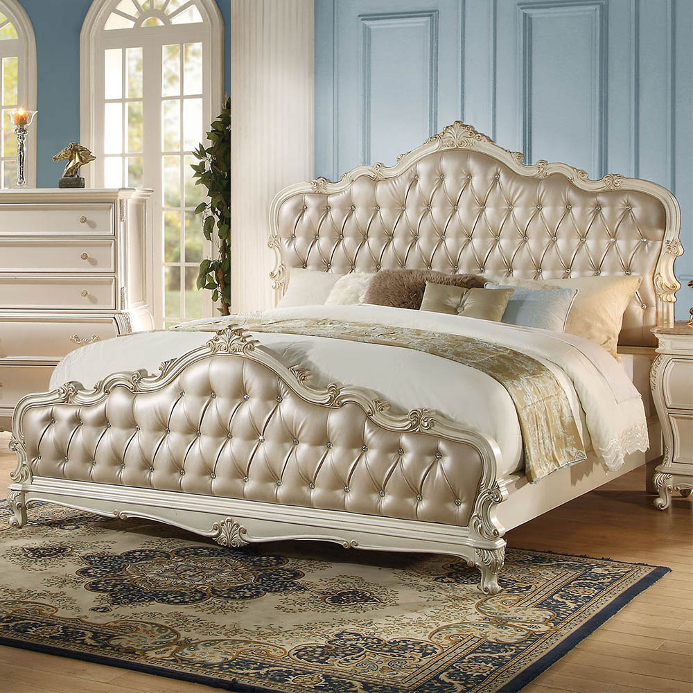 ACME Chantelle Queen Bed in Rose Gold PU & Pearl White-Boyel Living